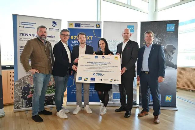 Kategorie: Innovationen und Kooperation: innovative kooperative Lösungen
v.l. Axel Schneeberger (GF FHWN), GR Wolfgang Horvath, Maxim Luc Mommerency (Sattelives), Lili Eichinger (Sattelives), Claus Zeppelzauer (ecoplus Prokurist), Rainer Gotsbacher (ecoplus Technopolmanager) | Foto: Sonja Pohl