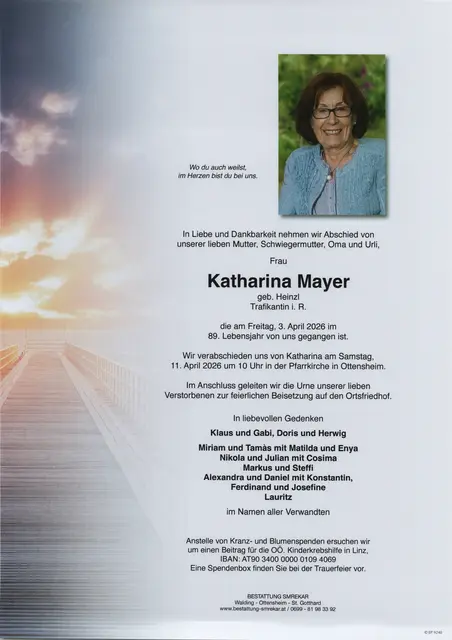 Katharina Mayer aus Ottensheim, ✝︎ 88 Jahre | Foto: Bestattung Smrekar