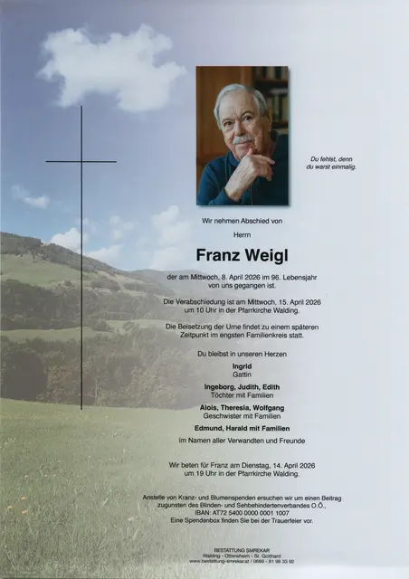 Franz Weigl aus Walding, ✝︎ 95 Jahre | Foto: Bestattung Smrekar