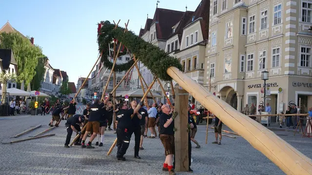 Feuerwehr stellt wieder den Maibaum am Steyrer Stadtplatz auf