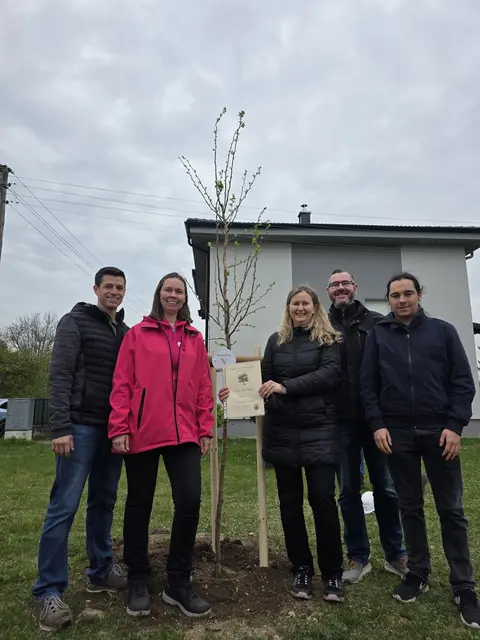 Geimeinderat Andreas Bruckmüller, Gemeinderätin Nadine Marx, Nicole Braith, Markus Rathkolb und Raphael Troppmann (vlnr) beim neu gepflanzten Baum.  | Foto: NEOS