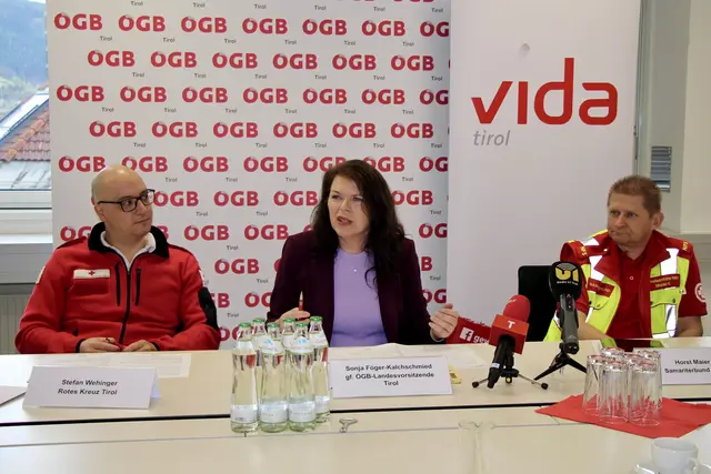 Stefan Wehninger vom Roten Kreuz, Sonja Föger-Kalchschmied, ÖGB-Landesvorsitzende und Horst Maier vom Samariterbund bei der Pressekonferenz im ÖGB-Haus Innsbruck: Sie warnten vor einer kritischen Belastungssituation im Tiroler Rettungsdienst und forderten rasche Reformen. (v.l.) | Foto: ÖGB Tirol
