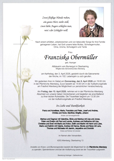 Franziska Obermüller aus Altenberg, ✝︎ 101 Jahre | Foto: Bestattung Holzinger