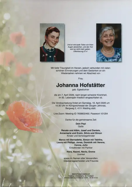 Johanna Hofstätter aus Puchenau, ✝︎ 82 Jahre | Foto: Bestattung Smrekar