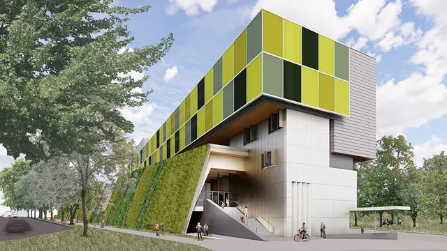 Das Verwaltungsgebäude der Klinik Ottakring soll nach der Fertigstellung mit einer grünen Fassade besser in das bewaldete Areal passen.  | Foto: Markus Pernthaler Architekten