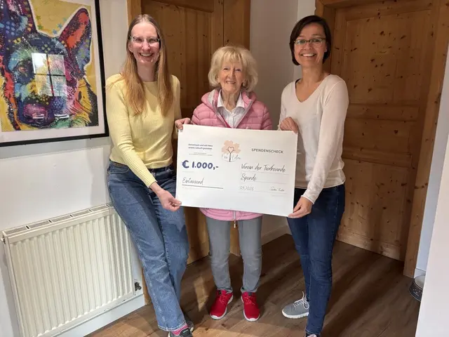 Sandra Thaller, Präsidentin des Vereins "Fürs Leben" überreicht den "Tierfreunden" Daniela Klement und Franziska Hartinger (von links) den Spendencheck.  | Foto: Verein "Fürs Leben"