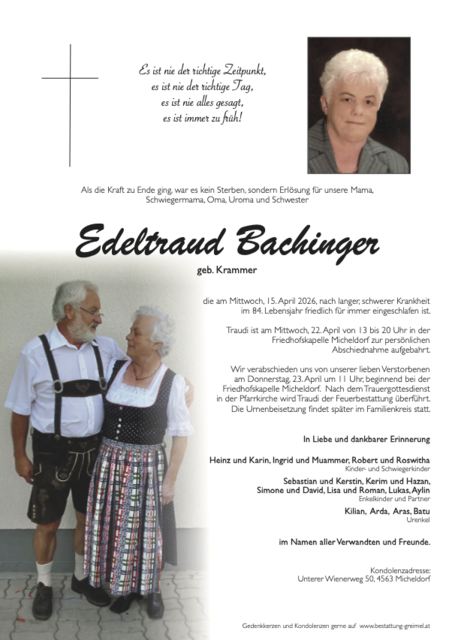 Edeltraud Bachinger ✝︎ 15.04.2026 | Foto: Bestattung Greimel