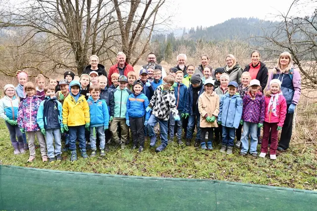 Besonderer Schultag für die VS Mühlen, sie haben sich zum Sammeln der Kröten beim Hörfeldmoor eingefunden. | Foto: Anita Galler
