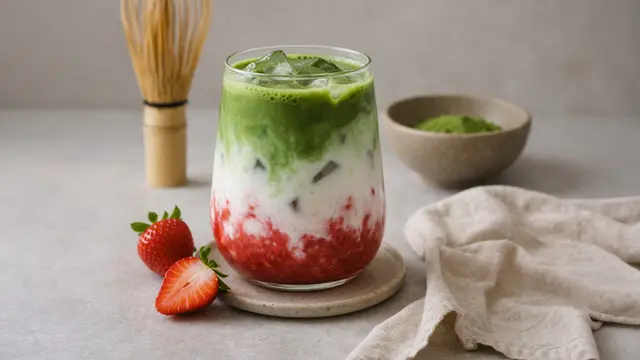 Strawberry Matcha kombiniert frische Erdbeeren mit cremiger Milch und feinem Matcha. Der Drink liefert eine gleichmäßige, angenehme Energie – ganz ohne typisches Koffein-Tief.