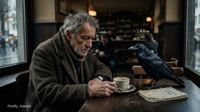 Ein alter Mann sitzt allein in einem Café, den Blick gesenkt,.....