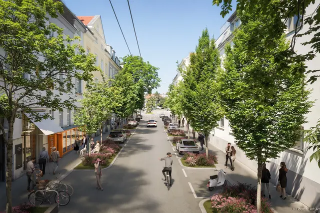Die Obkirchergasse soll ab 2027 umgestaltet werden: Die Baumscheiben werden vergrößert und neue Bänke aufgestellt. Ladezonen und Parkplätze bleiben erhalten (Visualisierung). | Foto:  ZOOM VP.at