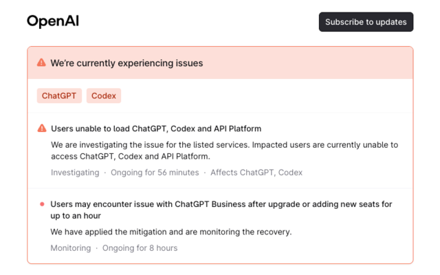 Foto: Screenshot status.openai.com