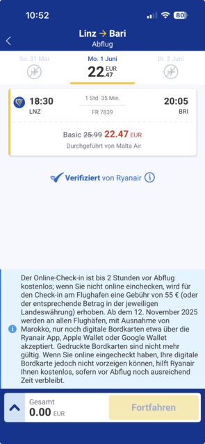 Billigflieger Ryanair lockt auch für Anfang Juni mit Sonderangeboten, obwohl für diesen Zeitraum vor einem Kerosin-Engpass gewarnt wird. | Foto: Screenshot Ryanair-App