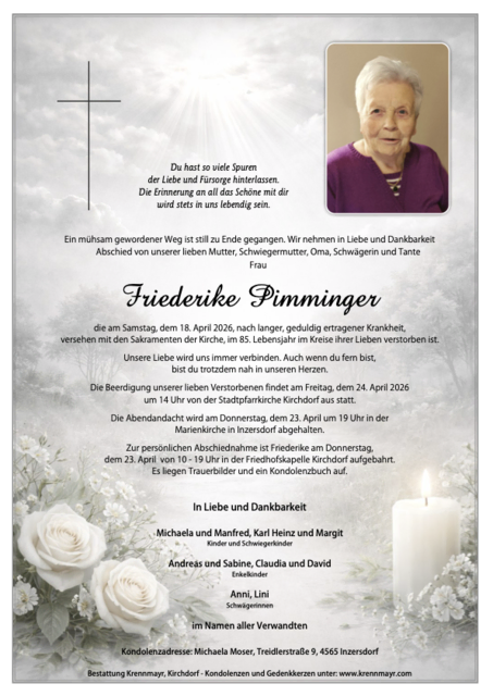 Friederike Pimminger ✝︎ 18.04.2026 | Foto: Bestattung Krennmayr