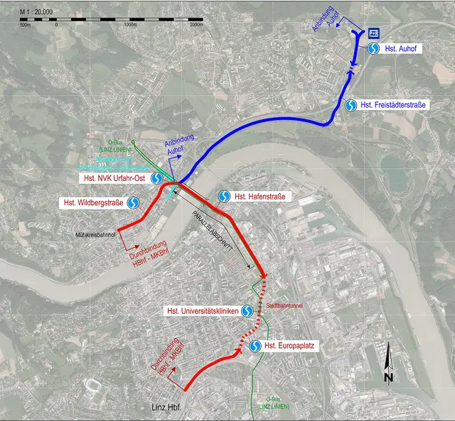 So sollen die Regional-Stadtbahn (RSB) und die neue OBus-Linie 48 verlaufen. | Foto: Stadt Linz