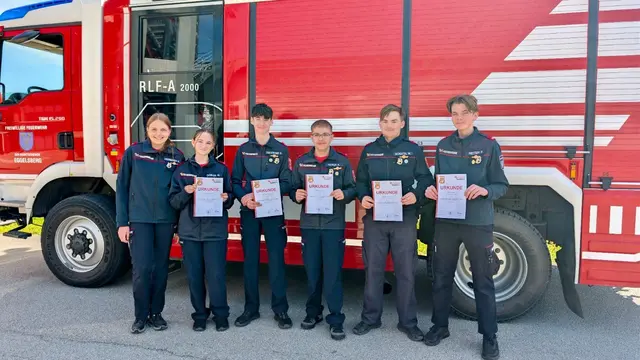 Kathrin Kronberger, Michelle Dobler, Simon Feichtinger, Antonio Tenea, Mathias Schatzl und Fivos Reiter meisterten die Prüfung für das Feuerwehrjugend-Leistungsabzeichen in Gold. | Foto: FF Braunau