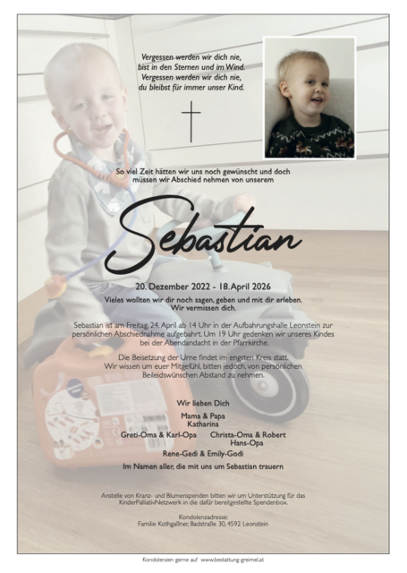 Sebastian Kothgaßner ✝︎ 18.04.2026 | Foto: Bestattung Greimel