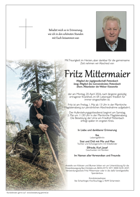 Fritz Mittermaier ✝︎ 20.04.2026 | Foto: Bestattung Greimel