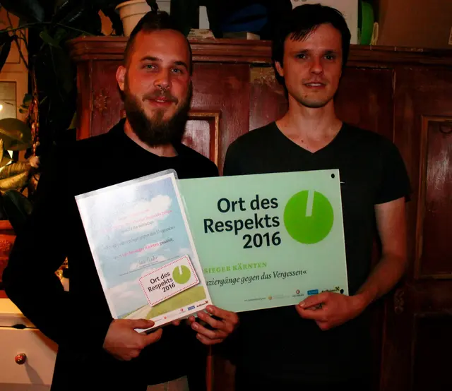 Vereinsobmann Bernhard Gitschtaler und Vereinsmitglied Daniel Jamritsch. 2016 machte der Verein Erinnern Gailtal aus Hermagor einen „Ort des Respekts“.  | Foto: Verein Erinnern Gailtal