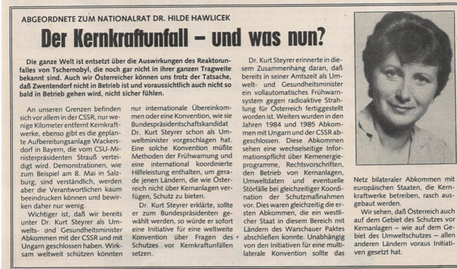 In einem Kommentar in der Floridsdorfer Mai-Ausgabe 1986 des "Unabhängigen Stadtjournals" (heute MeinBezirk) warnte die damalige Nationalratsabgeordnete Hilde Hawlicek (SPÖ) vor den möglichen Folgen solcher Katastrophen für Österreich. | Foto: MeinBezirk/Archiv