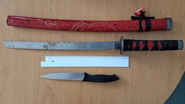 Drei Jugendliche wurden beim mutmaßlichen Ladendiebstahl angehalten, wobei ein 17-Jähriger u. a. ein Samuraischwert mit sich getragen haben soll.  | Foto: LPD Wien