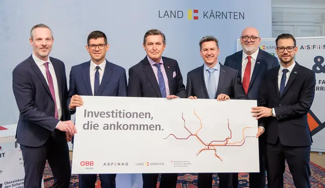 Vorstand Hartwig Hufnagl (ASFINAG), LHStv Martin Gruber, BM Peter Hanke, LH Daniel Fellner, Vorstand Andreas Matthä (ÖBB) und LR Sebastian Schuschnig. | Foto: LPD Kärnten/Jannach