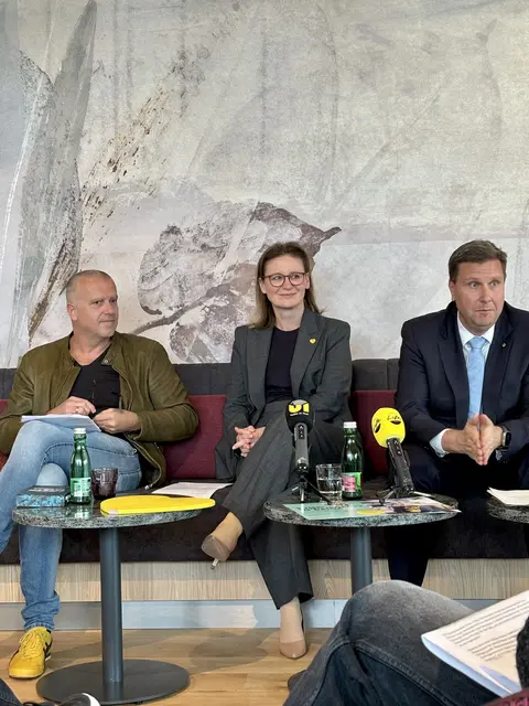 Im Rahmen der Pressekonferenz präsentieren (v. l.) Bestsellerautor und Kurator Bernhard Aichner, RLB-Tirol-Vorständin Gabriele Kinast sowie Vorstandsvorsitzender Thomas Wass das Konzept von DAS RAIQA als offenen Ort für Begegnung, Kultur und Arbeit. | Foto: Lea Mantinger