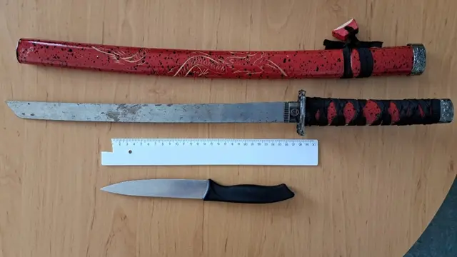 Drei Jugendliche wurden beim mutmaßlichen Ladendiebstahl angehalten, wobei ein 17-Jähriger u. a. ein Samuraischwert mit sich getragen haben soll.  | Foto: LPD Wien