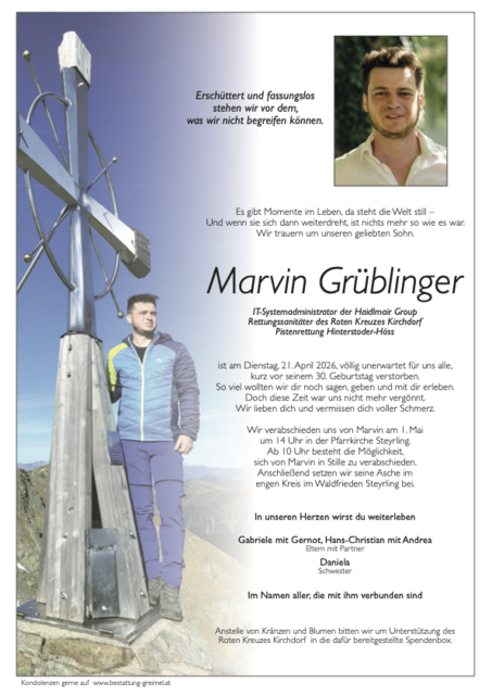 Marvin Grüblinger ✝︎ 21.04.2026 | Foto: Bestattung Greimel