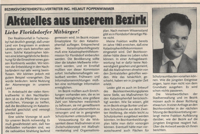 Im Kommentar des damaligen Floridsdorfer Bezirksvorsteher-Stellvertreters Helmut Poppenwimmer (ÖVP), erschienen im MeinBezirk-Vorläufer, dem "Unabhängigen Stadtjournal", wurde betont, dass Tschernobyl die Abhängigkeit von Ereignissen im Ausland deutlich gemacht habe. Gefordert wurden mehr Vorsorge, Frühwarnsysteme und konkrete Maßnahmen für den Ernstfall. | Foto: MeinBezirk/Archiv