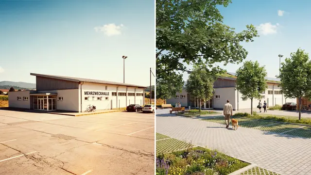 Gegenüberstellung einer fiktiven versiegelten Fläche mit der Visualisierung von Entsiegelungsmaßnahmen vorher/nachher | Foto: li: Freepik/KI-generiert; re: Visualisierung ©bloomingcities