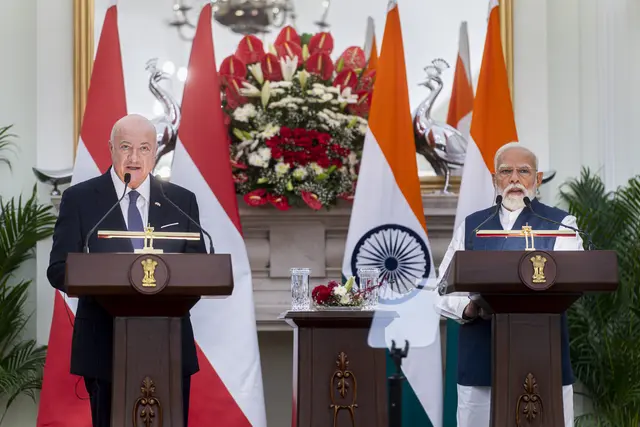 Bundeskanzler Christian Stocker und der indische Premier Narendra Modi am Donnerstag, 16. April, im Rahmen einer Pressekonferenz in Neu-Delhi, Indien. | Foto: APA-Images / APA / FLORIAN SCHRÖTTER