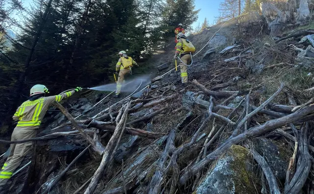 Mehrere Einsatzkräfte kämpfen im schwierigen Gelände gegen die Flammen. | Foto: zoom.tirol