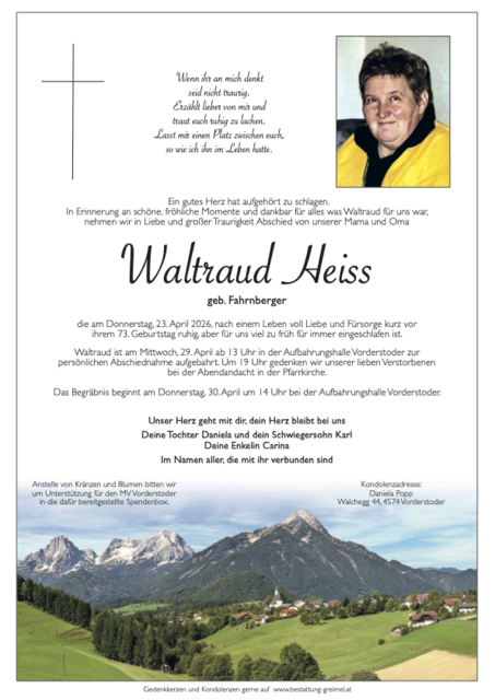 Waltraud Heiss  ✝︎ 23.04.2026 | Foto: Bestattung Greimel