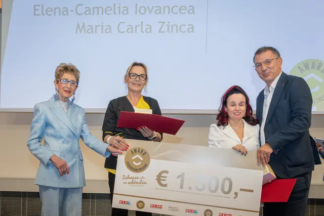Ingrid Korosec, die Preisträgerinnen Elena-Camelia Iovancea und Maria Carla Zinca sowie Obmann Robert Pozdena (Personenberatung und -betreuung NÖ) | Foto: Georg Krewenka