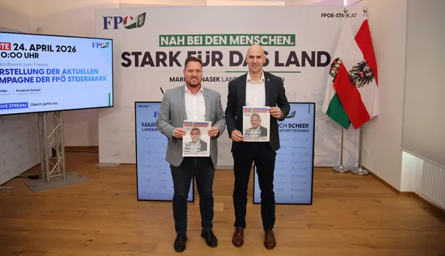 Landesparteisekretär LAbg. Marco Triller und Landesgeschäftsführer Friedrich Scheer zogen eine Zwischenbilanz über die bisherige Regierungsarbeit und präsentierten die neue Kampagne der FPÖ Steiermark. | Foto: FPÖ Steiermark