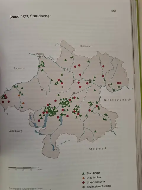 Staudinger. Roter Kreis Ursprungsorte, grünes Dreieck Personen mit Namen Staudinger. Datenbasis Grundeigentümer im Franzeischen Kataster, ca. 1825.  | Foto: Robert Zinterhof