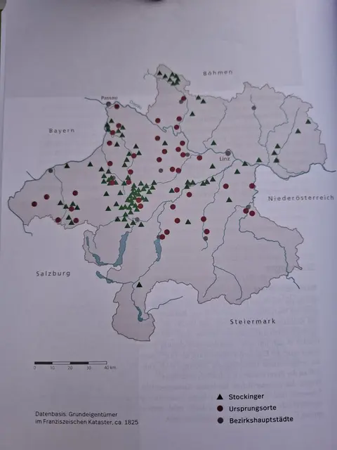 Stockinger. Roter Kreis Ursprungsorte, grünes Dreieck Personen mit Namen Stockinger. Datenbasis Grundeigentümer im Franzeischen Kataster, ca. 1825.  | Foto: Robert Zinterhof