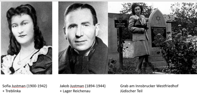 Leokadia Justmann am Innsbrucker Westfriedhof. Ihr Vater Jakob Justmann wurde im KZ Reichenau erschlagen, das letzte Mal sah sie ihn in Gestapohaft im Innsbrucker Polizeigefängnis.  | Foto: Powerpoint Präsentation Dominik Markl