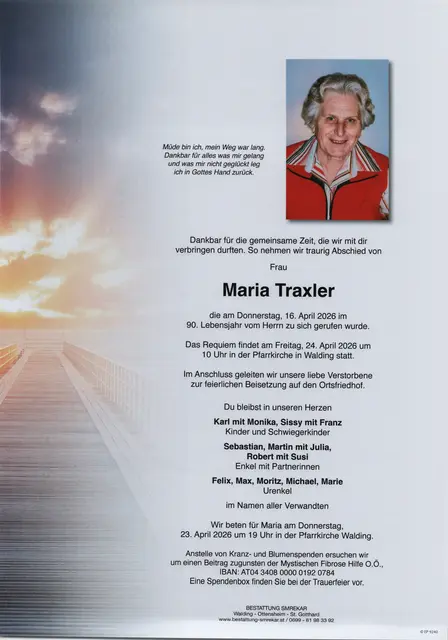 Maria Traxler aus Walding, ✝︎ 89 Jahre | Foto: Bestattung Smrekar