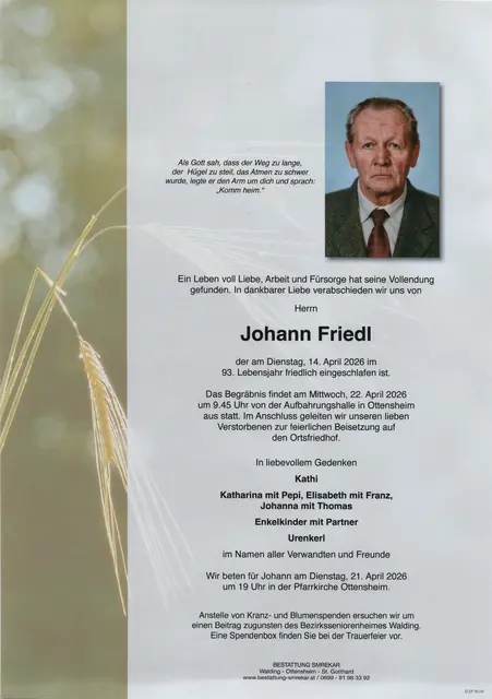 Johann Friedl aus Ottensheim, ✝︎ 92 Jahre | Foto: Bestattung Smrekar