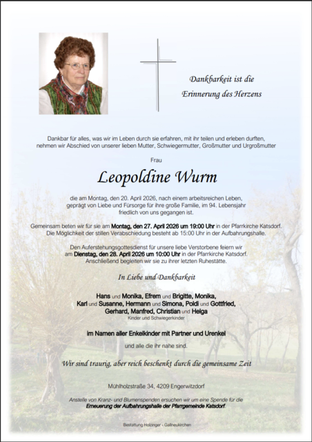 Leopoldine Wurm aus Engerwitzdorf, ✝︎ 93 Jahre | Foto: Bestattung Holzinger