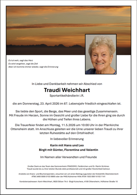 Traudi Weichhart aus Ottensheim, ✝︎ 86 Jahre | Foto: Bestattung Smrekar