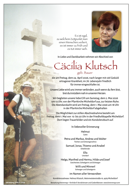 Cäcilia Klutsch  ✝︎ 24.04.2026 | Foto: Bestattung Krennmayr