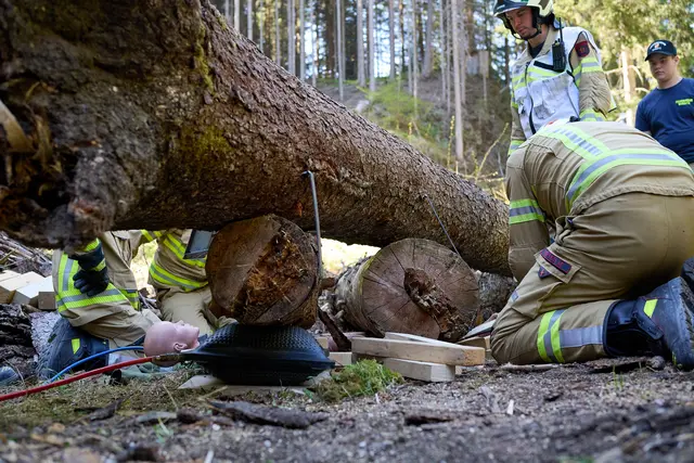 Dramatisches Szenario: Forstunfall mit einem unter schweren Baumstömmen eingeklemmten Arbeiter. | Foto: Manuel Würtenberger