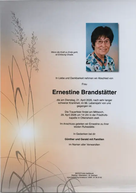 Ernestine Brandstätter aus Ottensheim, ✝︎ 87 Jahre | Foto: Bestattung Smrekar