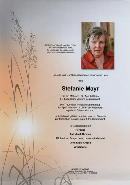 Stefanie Mayr aus Ottensheim, ✝︎ 80 Jahre | Foto: Bestattung Smrekar