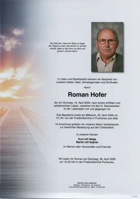 Roman Hofer aus Puchenau, ✝︎ 89 Jahre | Foto: Bestattung Smrekar