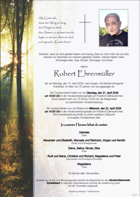 Robert Ehrenmüller aus Engerwitzdorf, ✝︎ 76 Jahre | Foto: Bestattung Holzinger