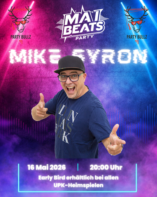 Am Samstag, 16. Mai 2026, 20 Uhr, findet in der Stockhalle Neudorf das neue Veranstaltungsformat „MaiBeats“ der Sportunion Pabneukirchen statt. | Foto: Flyer SU Pabneukirchen - Partybullz 